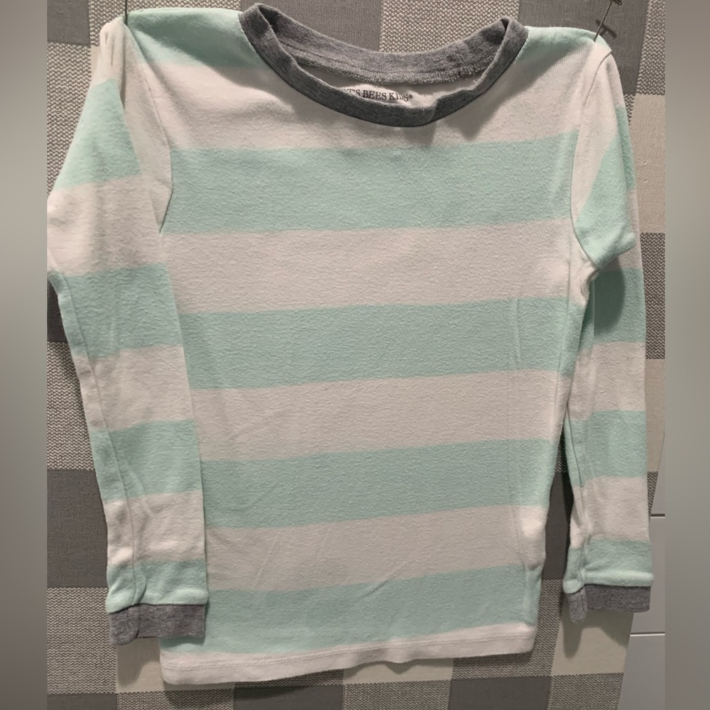 Burt Bees Kids pajamas, shirt and pants. Super soft, teal and white striped.